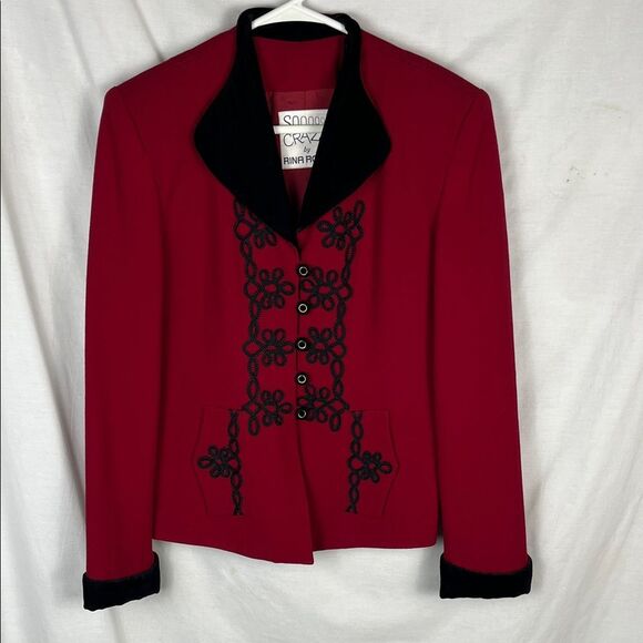 Source Unknown Jackets & Blazers - Vintage SOOO CRAZY Rina Ross Wool Red Button Up Brazer with Black Embellishments